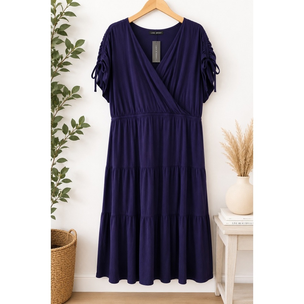 NWT Lane Bryant 22/24 Purple Faux Wrap Tiered Midi Dress Ruched Sleeve Plus